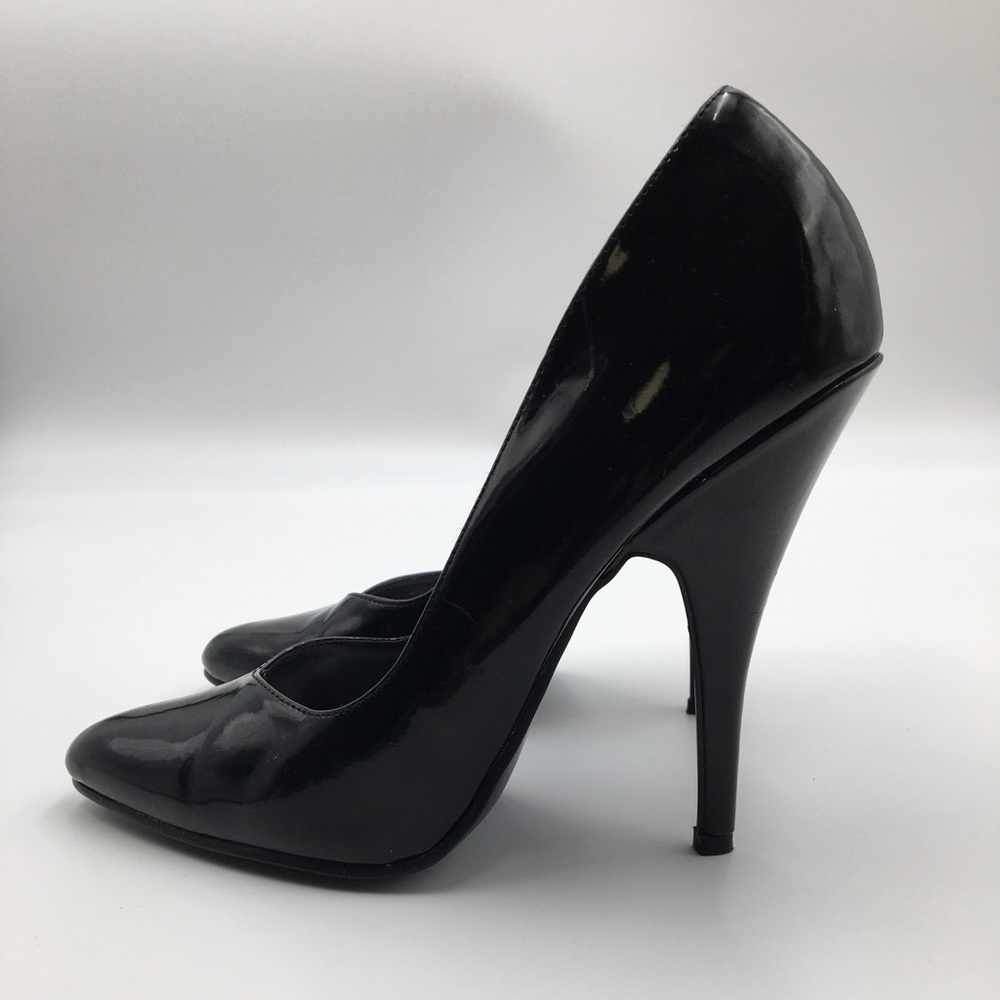 4.75” Ellie Black Stiletto Faux Patent Heels Size 9 👠 🔥 Worn
